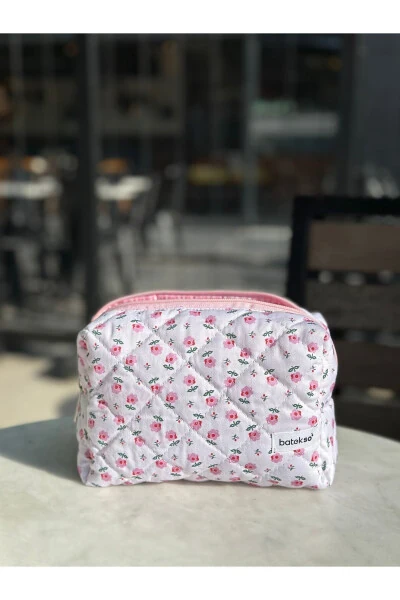 Small Pink Floral Makeup Bag - Large Size - BATEKSO