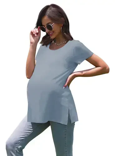 Smallshow Ayollar uchun homiladorlikning yuqori qismi, qisqa yengli, yon tomoni bo'lingan maternity kiyimlar. - 3