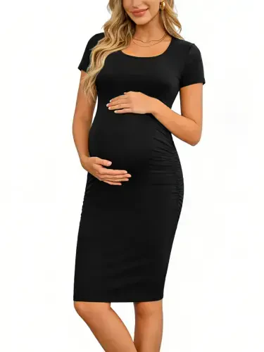 Smallshow Ayollar uchun qisqa yengli homiladorlik ko'ylagi Ruched homiladorlik Bodycon ko'ylagi - 5