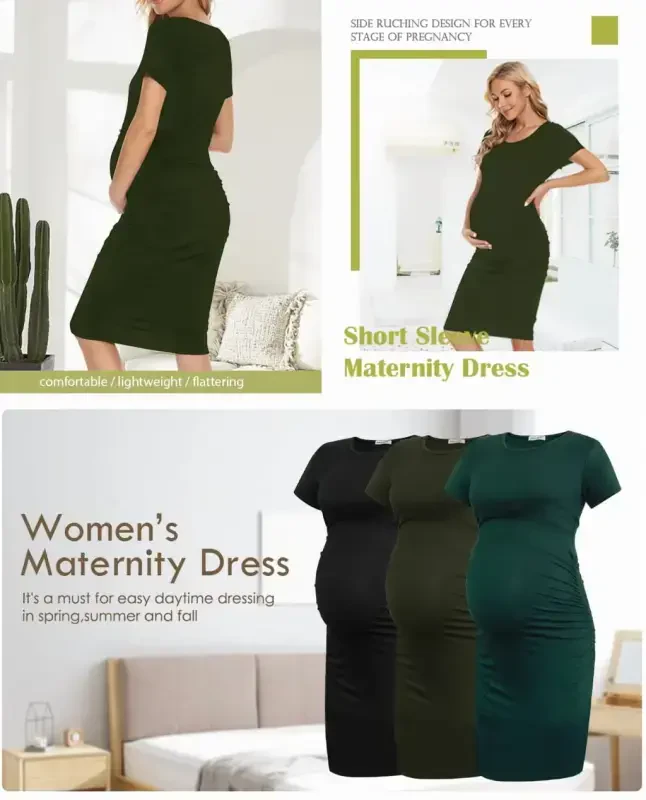 Smallshow Ayollar uchun qisqa yengli homiladorlik ko'ylagi Ruched homiladorlik Bodycon ko'ylagi - 2