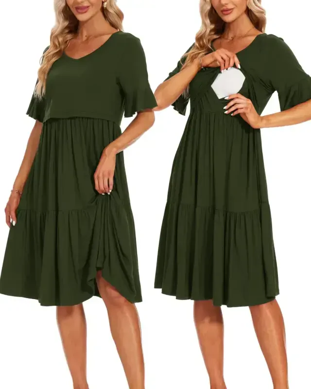 Smallshow Ayollarning Qisqa Yengli Frillali Emizikli Ko'ylagi Homiladorlik Emizish Kiyimi - 2