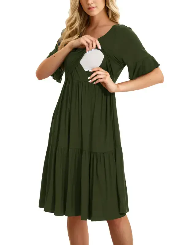 Smallshow Ayollarning Qisqa Yengli Frillali Emizikli Ko'ylagi Homiladorlik Emizish Kiyimi - 4