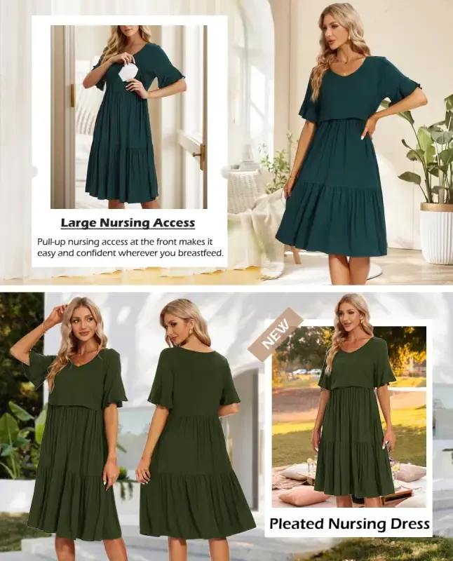 Smallshow Ayollarning Qisqa Yengli Frillali Emizikli Ko'ylagi Homiladorlik Emizish Kiyimi - 5