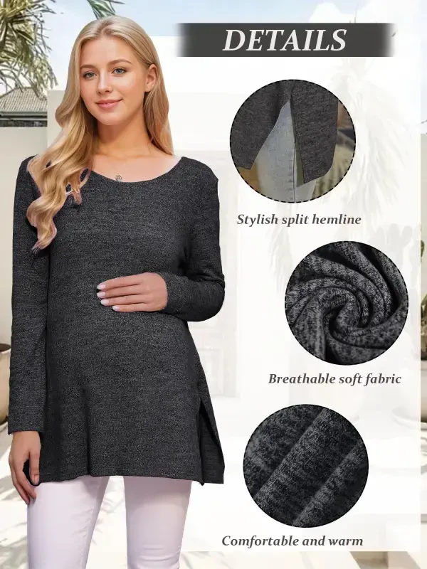 Maternity Clothes Long Sleeve Side Split Maternity Shirts Tops for Women- - 1