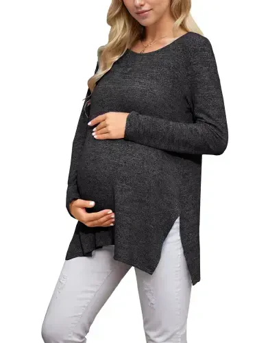 Maternity Clothes Long Sleeve Side Split Maternity Shirts Tops for Women- - 4