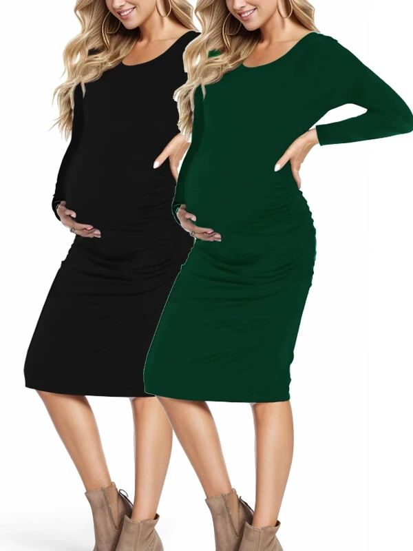 Women's 2-Pack Long Sleeve Maternity Dress Pregnancy Clothes Bodycon Dress- - 1
