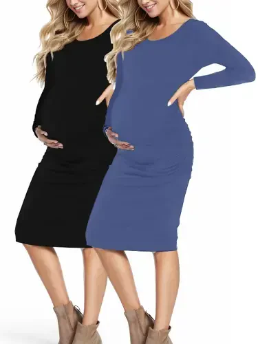 Smallshow Kadın 2'li Uzun Kollu Hamilelik Elbise Seti Hamilelik Elbisesi Dar Kesim Elbise - 4