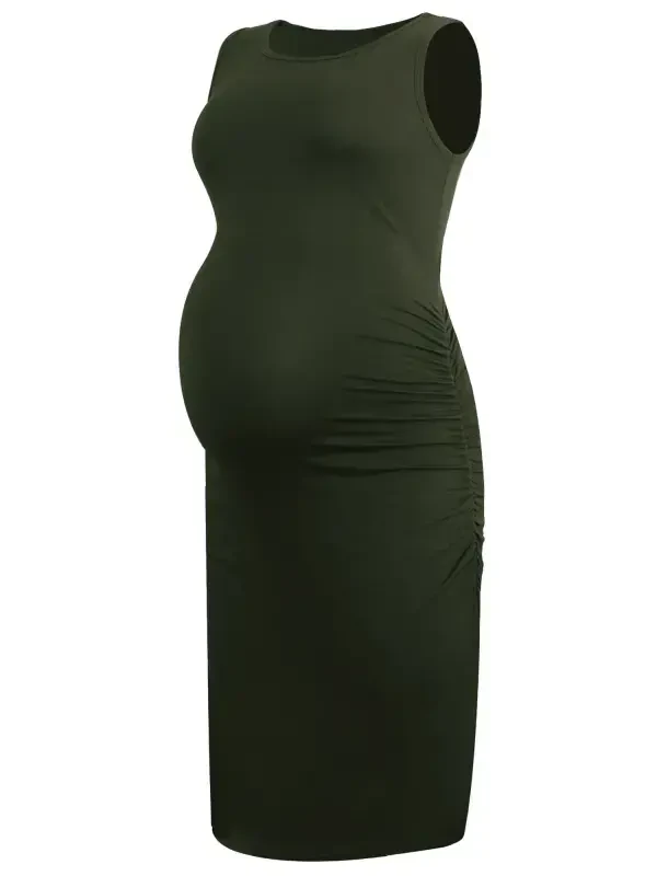 Women's Ruched Maternity Dress Clothes Sleeveless Bodycon Dress- - 3