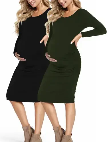 Smallshow Kadın İki Adet Uzun Kollu Hamilelik Elbisesi Hamilelik Giyimleri Dar Kesim Elbise - 4