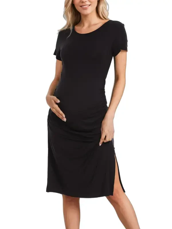 Women's Maternity Dress Short Sleeve Split Pregnancy Dresses Maternity Clothes- - UILGO