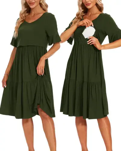 Smallshow Women's Short Sleeve Ruffle Nursing Dress Maternity Breastfeeding Clothes - UILGO (1)