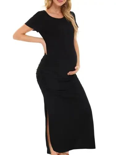 Women's Short Sleeve Maternity Dresses Clothes Split Pregnancy Maxi Dresses- - UILGO (1)