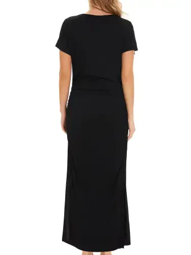 Women's Short Sleeve Maternity Dresses Clothes Split Pregnancy Maxi Dresses- - 3