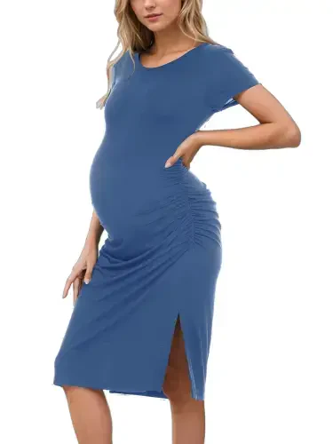 Women's Maternity Dress Short Sleeve Split Pregnancy Dresses Maternity Clothes- - 4