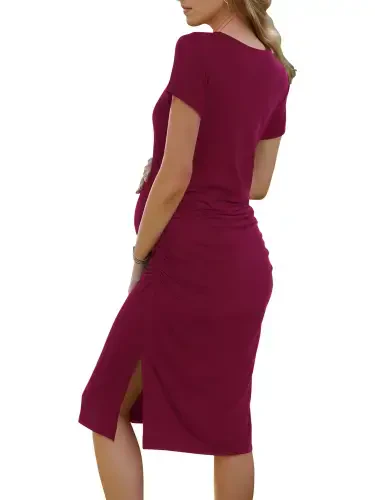 Smallshow Women's Short Sleeve Split Maternity Dress Side Ruched Pregnancy Clothes - 1