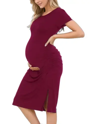 Smallshow Women's Short Sleeve Split Maternity Dress Side Ruched Pregnancy Clothes - UILGO (1)