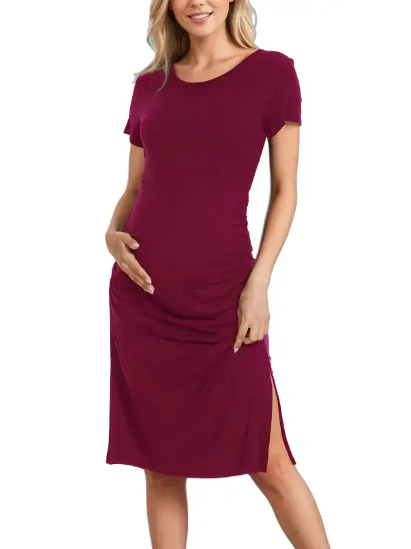 Smallshow Women's Short Sleeve Split Maternity Dress Side Ruched Pregnancy Clothes - 3