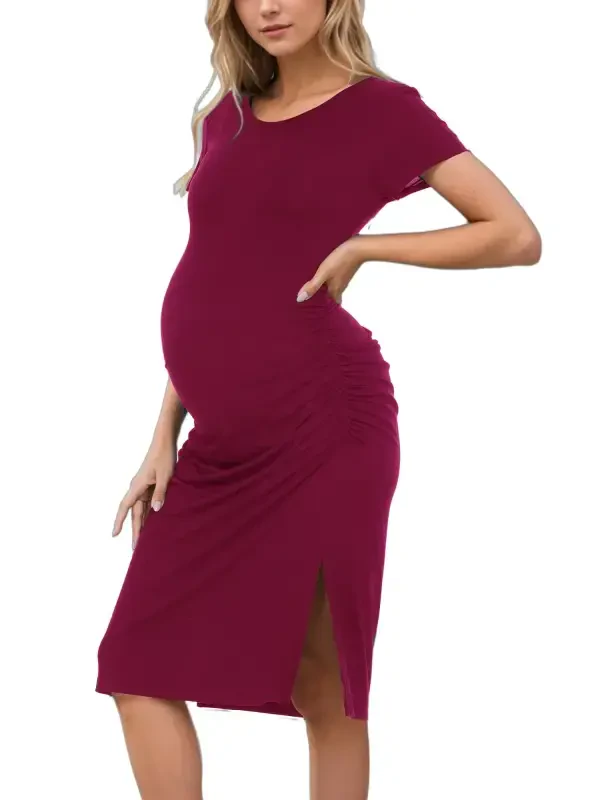 Smallshow Women's Short Sleeve Split Maternity Dress Side Ruched Pregnancy Clothes - 4