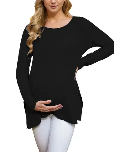 Smallshow Maternity Clothes Long Sleeve Side Split Maternity Shirts Tops for Women - 1
