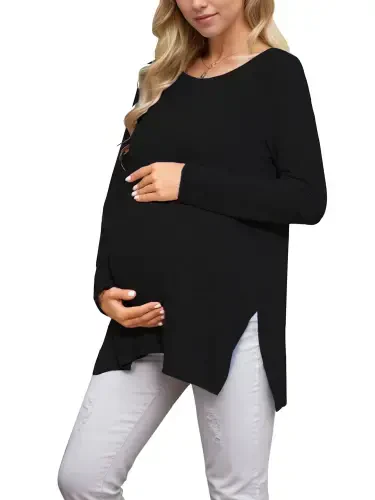 Smallshow Maternity Clothes Long Sleeve Side Split Maternity Shirts Tops for Women - 4