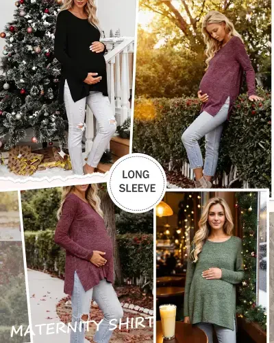 Smallshow Maternity Clothes Long Sleeve Side Split Maternity Shirts Tops for Women - 5
