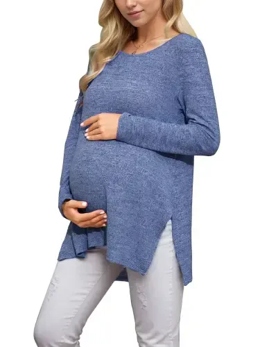 Smallshow Maternity Clothes Long Sleeve Side Split Maternity Shirts Tops for Women - 5