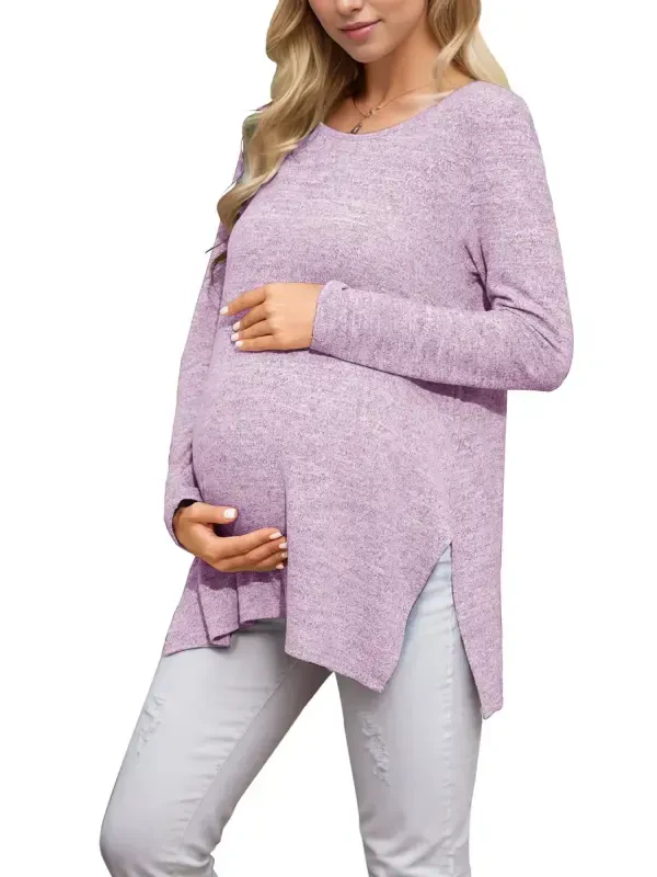 Smallshow Maternity Clothes Long Sleeve Side Split Maternity Shirts Tops for Women - 4