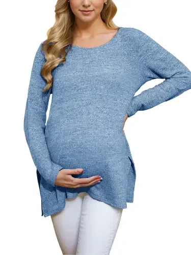 Smallshow Maternity Clothes Long Sleeve Side Split Maternity Shirts Tops for Women - UILGO (1)