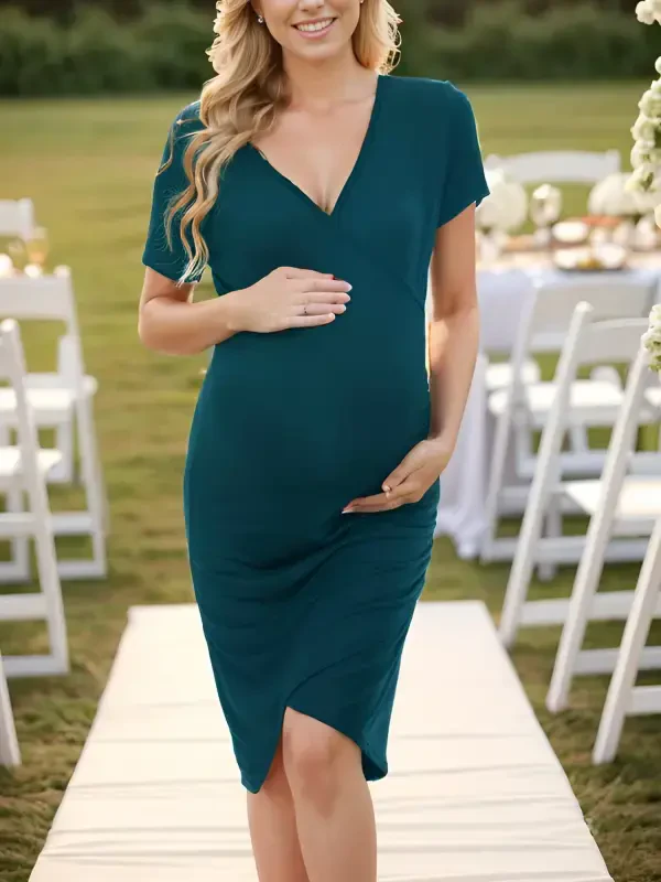 Smallshow Short Sleeve Summer Maternity Dress for Woman Ruched Pregnancy Clothes - 3