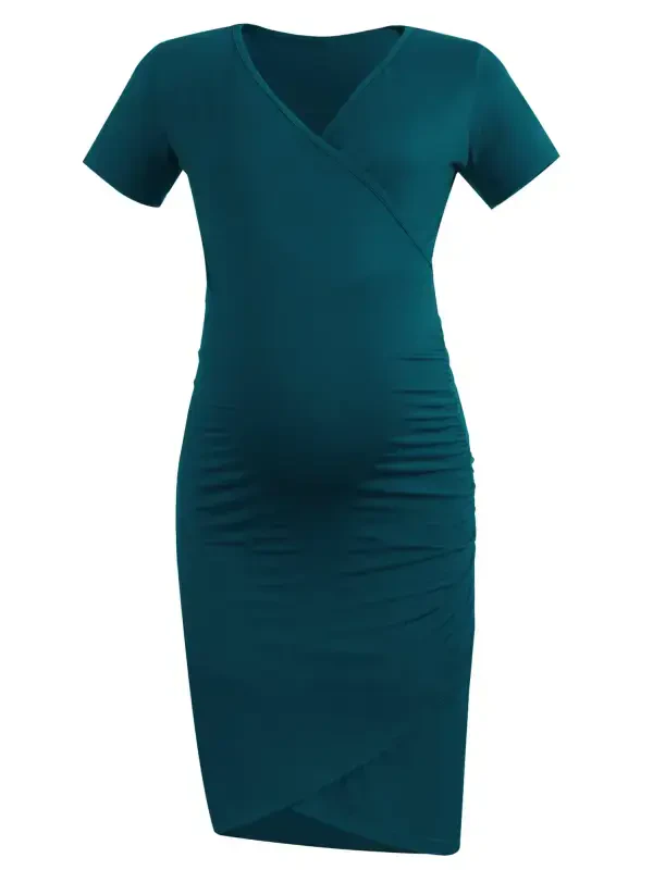 Smallshow Short Sleeve Summer Maternity Dress for Woman Ruched Pregnancy Clothes - 5
