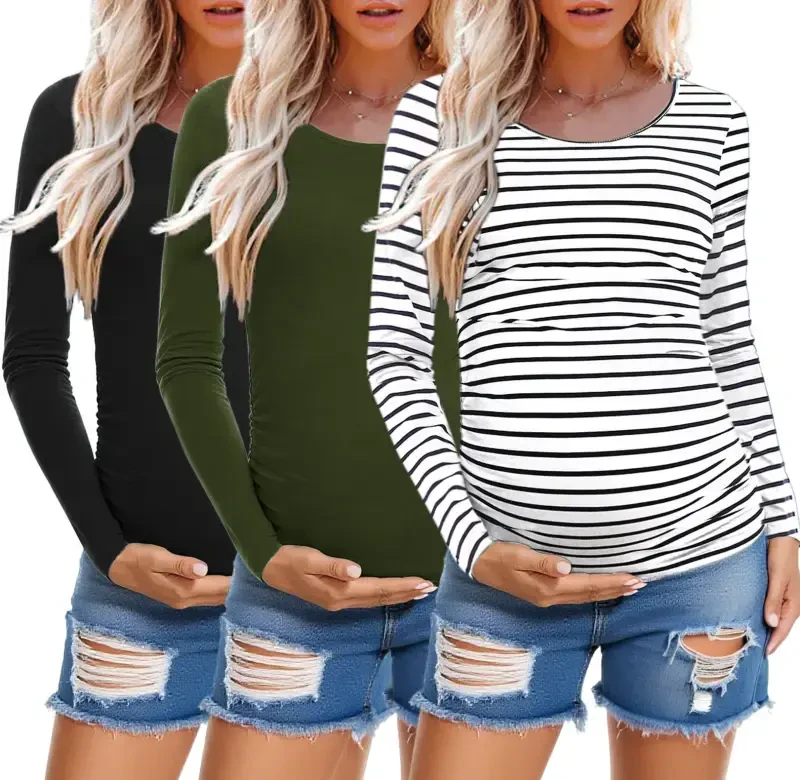 Long Sleeve Pregnancy Shirts Tops Maternity Clothes for Women 3-Pack- - 2