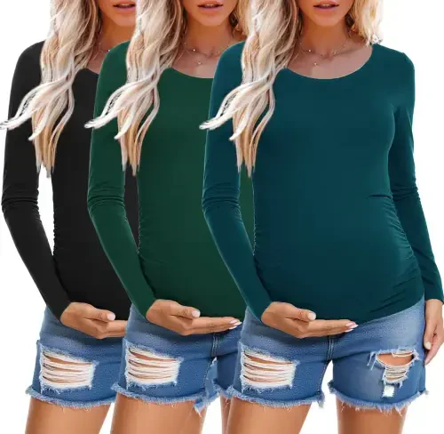 Long Sleeve Pregnancy Shirts Tops Maternity Clothes for Women 3-Pack- - 2