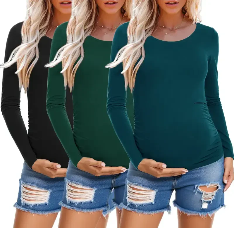 Long Sleeve Pregnancy Shirts Tops Maternity Clothes for Women 3-Pack- - 2