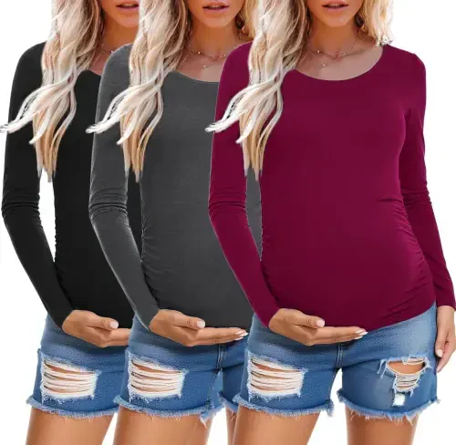 Long Sleeve Pregnancy Shirts Tops Maternity Clothes for Women 3-Pack- - 2