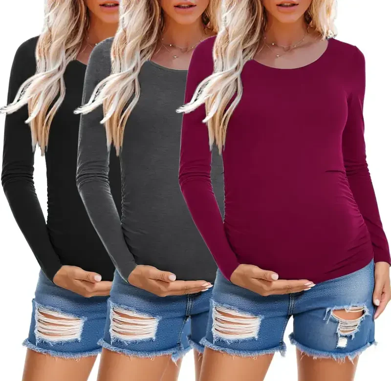 Long Sleeve Pregnancy Shirts Tops Maternity Clothes for Women 3-Pack- - 2