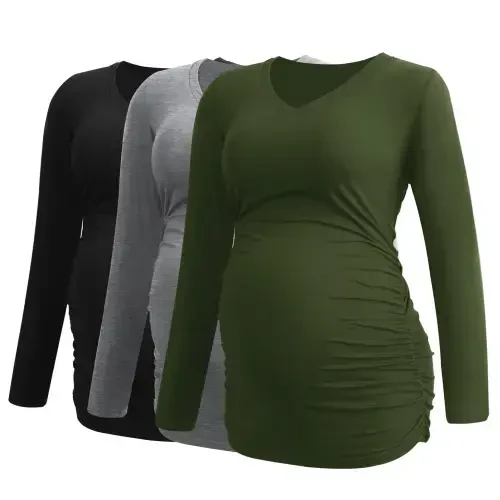 Smallshow V Neck Long Sleeve Pregnancy Tops Shirts Maternity Clothes for Women 3-Pack - UILGO (1)