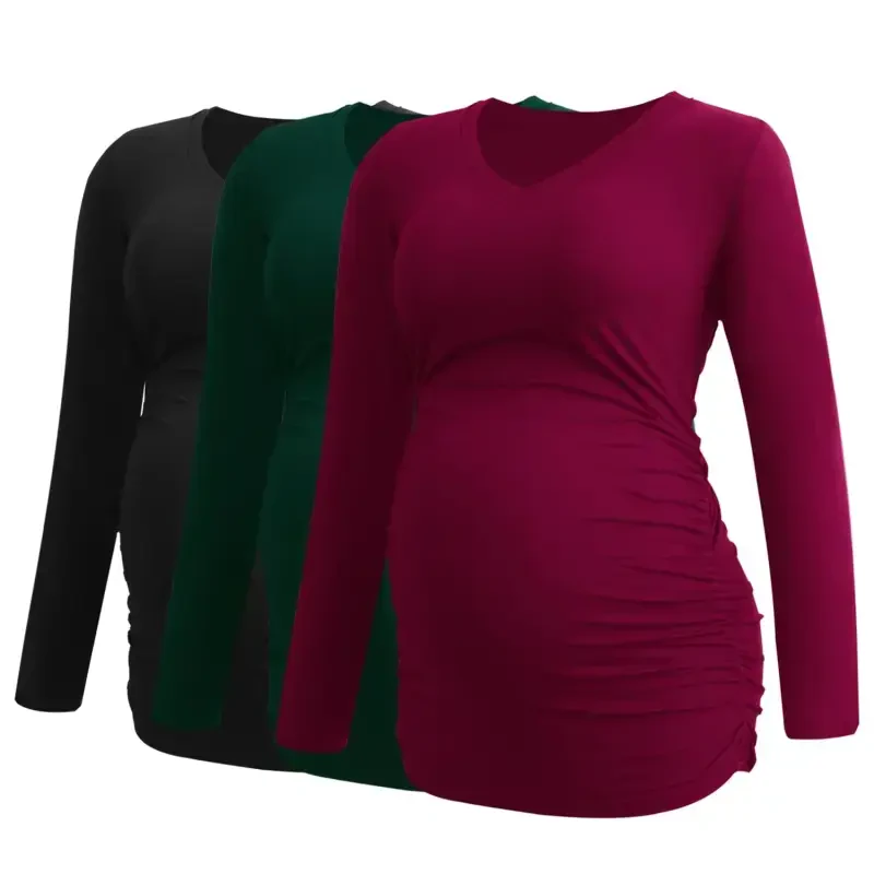 V Neck Long Sleeve Pregnancy Tops Shirts Maternity Clothes for Women 3-Pack- - 1