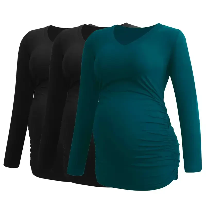 V Neck Long Sleeve Pregnancy Tops Shirts Maternity Clothes for Women 3-Pack- - 2