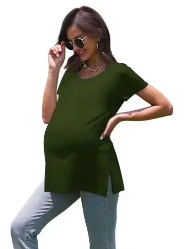 Smallshow Women's Maternity Tops Shirts Short Sleeve Split Side Pregnancy Clothes - Modazone (1)