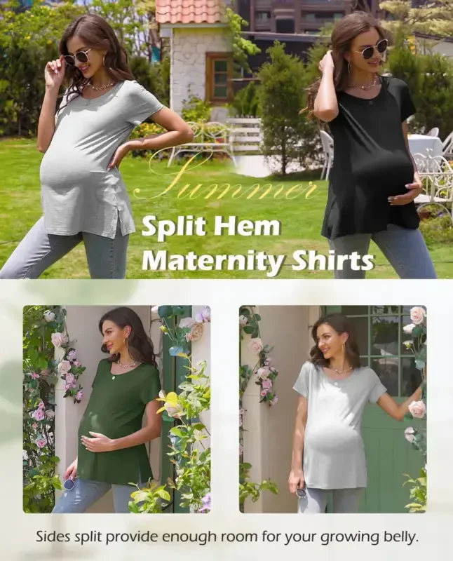 Smallshow Women's Maternity Tops Shirts Short Sleeve Split Side Pregnancy Clothes - 5