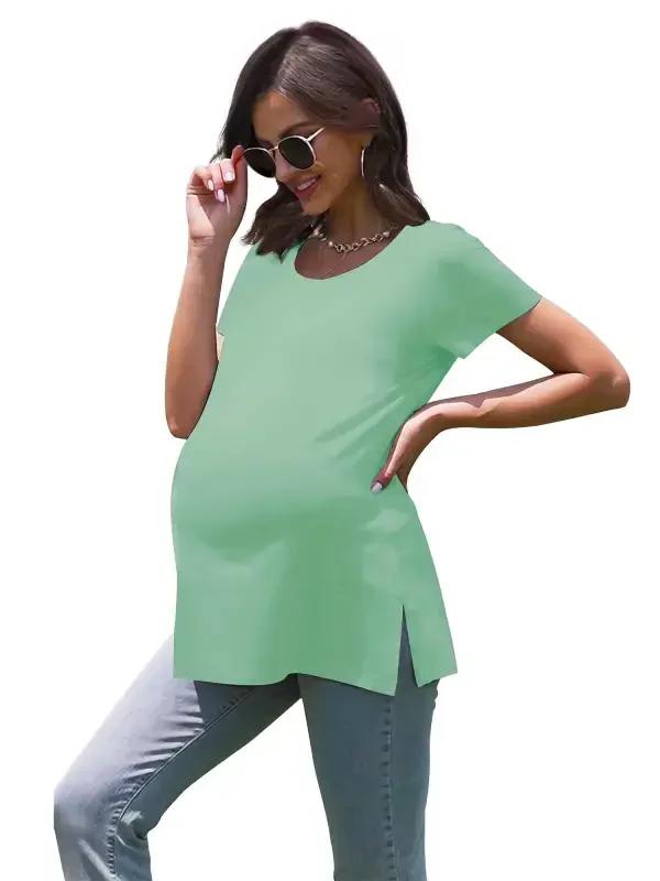 Smallshow Women's Maternity Tops Shirts Short Sleeve Split Side Pregnancy Clothes - 2