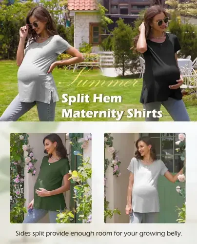 Smallshow Women's Maternity Tops Shirts Short Sleeve Split Side Pregnancy Clothes - 5