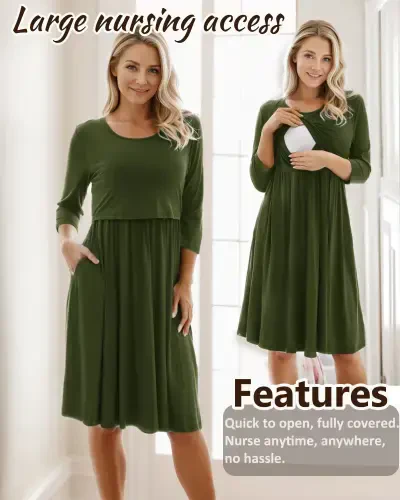 Smallshow Women's Patchwork Maternity Nursing Dress 3/4 Sleeve Dress for Breastfeeding - 1