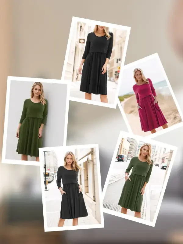 Smallshow Women's Patchwork Maternity Nursing Dress 3/4 Sleeve Dress for Breastfeeding - 3