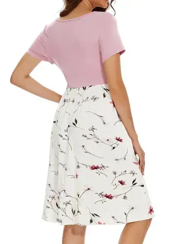 Smallshow Women's Short Sleeve Maternity Dress Patchwork Pregnancy Clothes with Pockets - 1
