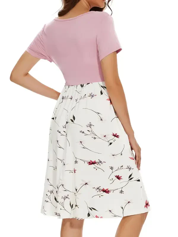 Smallshow Women's Short Sleeve Maternity Dress Patchwork Pregnancy Clothes with Pockets - 1