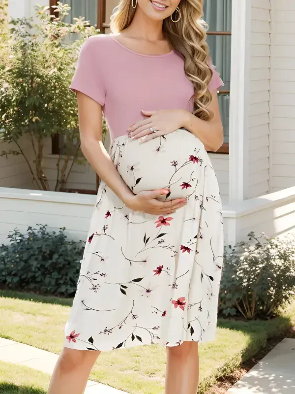 Smallshow Women's Short Sleeve Maternity Dress Patchwork Pregnancy Clothes with Pockets - 2