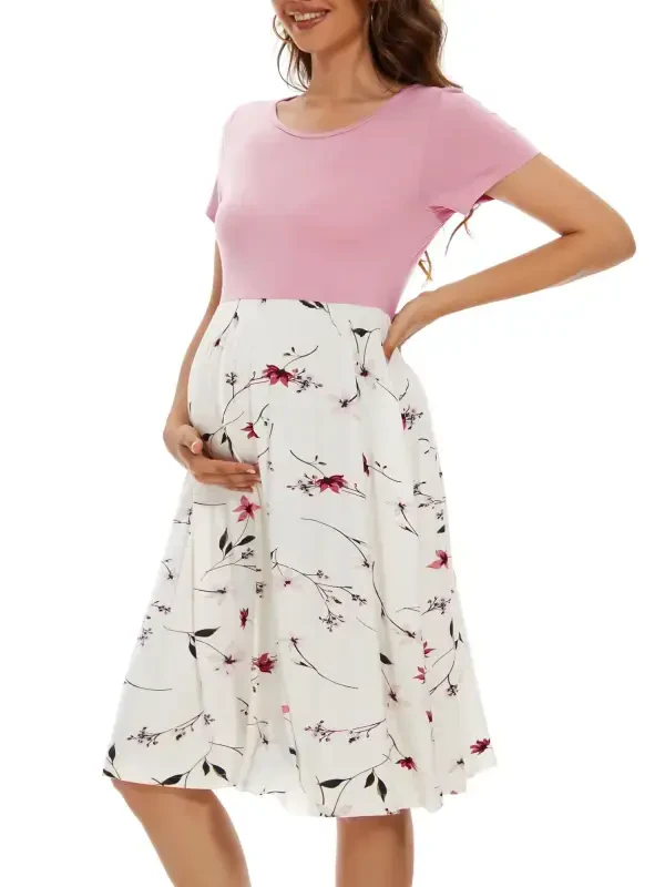 Smallshow Women's Short Sleeve Maternity Dress Patchwork Pregnancy Clothes with Pockets - 4