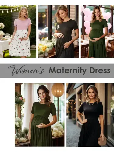 Smallshow Women's Short Sleeve Maternity Dress Patchwork Pregnancy Clothes with Pockets - 5