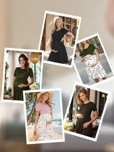 Smallshow Women's Short Sleeve Maternity Dress Patchwork Pregnancy Clothes with Pockets - 6